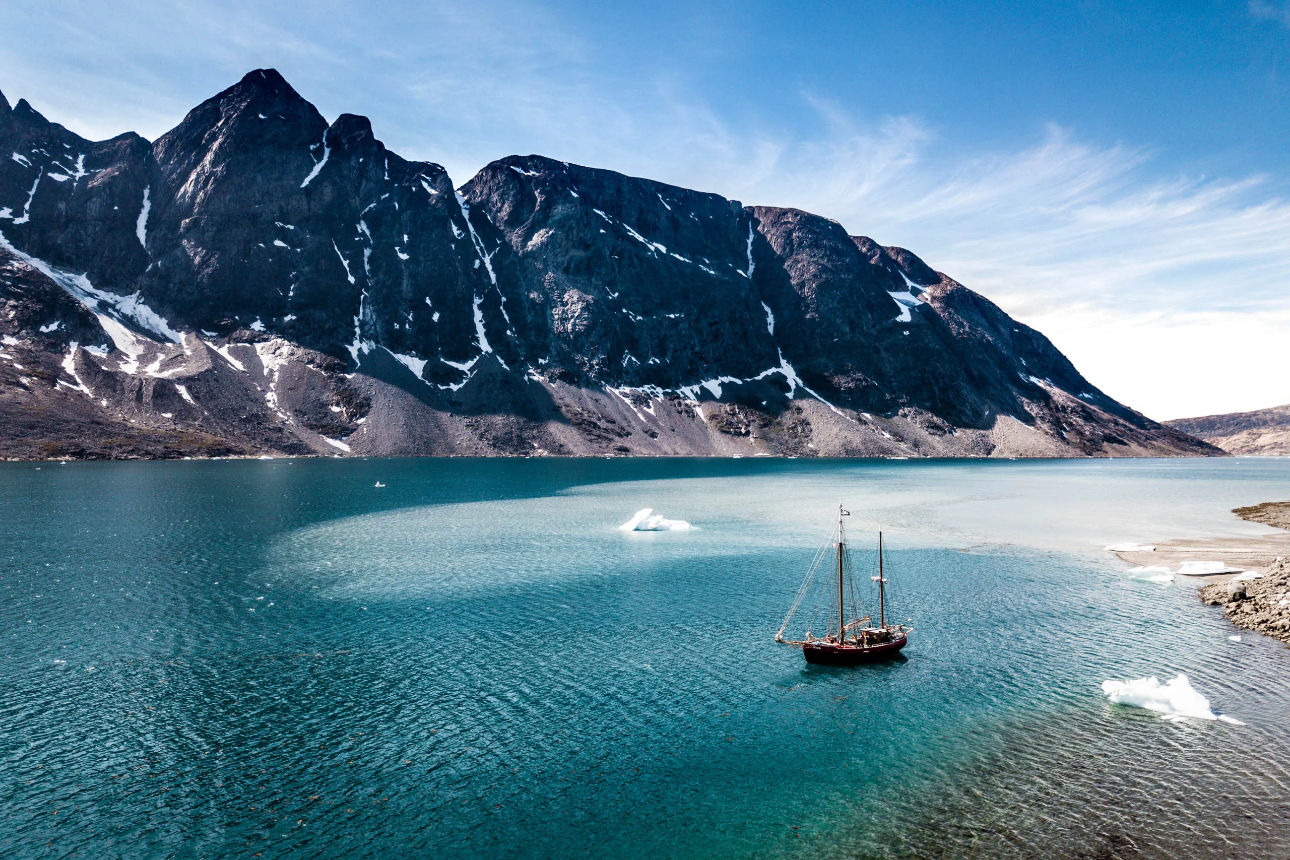An aerial view over the icy fjords of Eastern Greenland, sailing aboard the Aurora Arktika.
